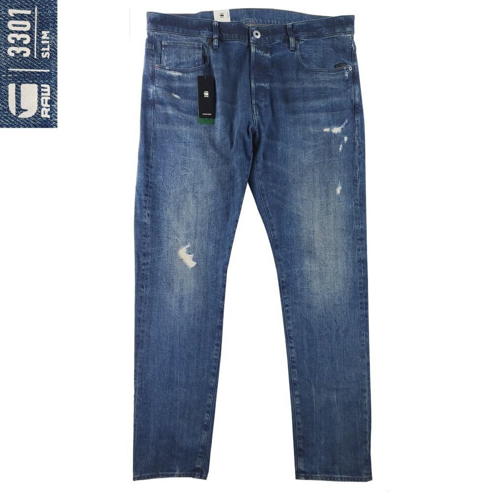 G-Star Raw Jeans 3301 Slim Button Fly Distressed Stretch "40x34" Real 42x34 NWT
